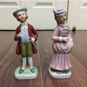 Vtg Ceramic Pair Figure 6.5" Hand Painted Victorian Japan
